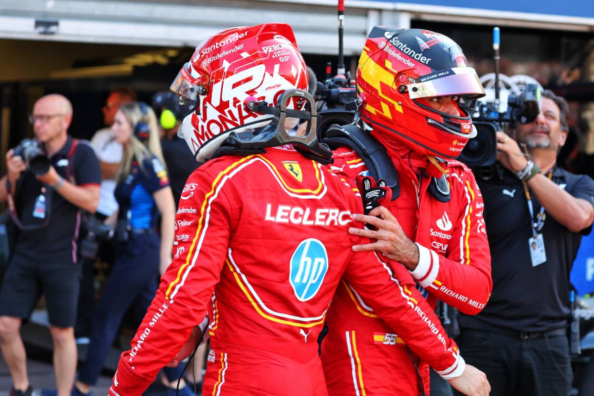 (L to R): Charles Leclerc (MON) Ferrari celebrates his pole position in qualifying parc ferme with third placed Carlos Sainz Jr (ESP) Ferrari. 25.05.2024. Formula 1 World Championship, Rd 8, Monaco Grand Prix, Monte Carlo, Monaco, Qualifying Day. - www.xpbimages.com, EMail: requests@xpbimages.com &copy; Copyright: Batchelor / XPB Images