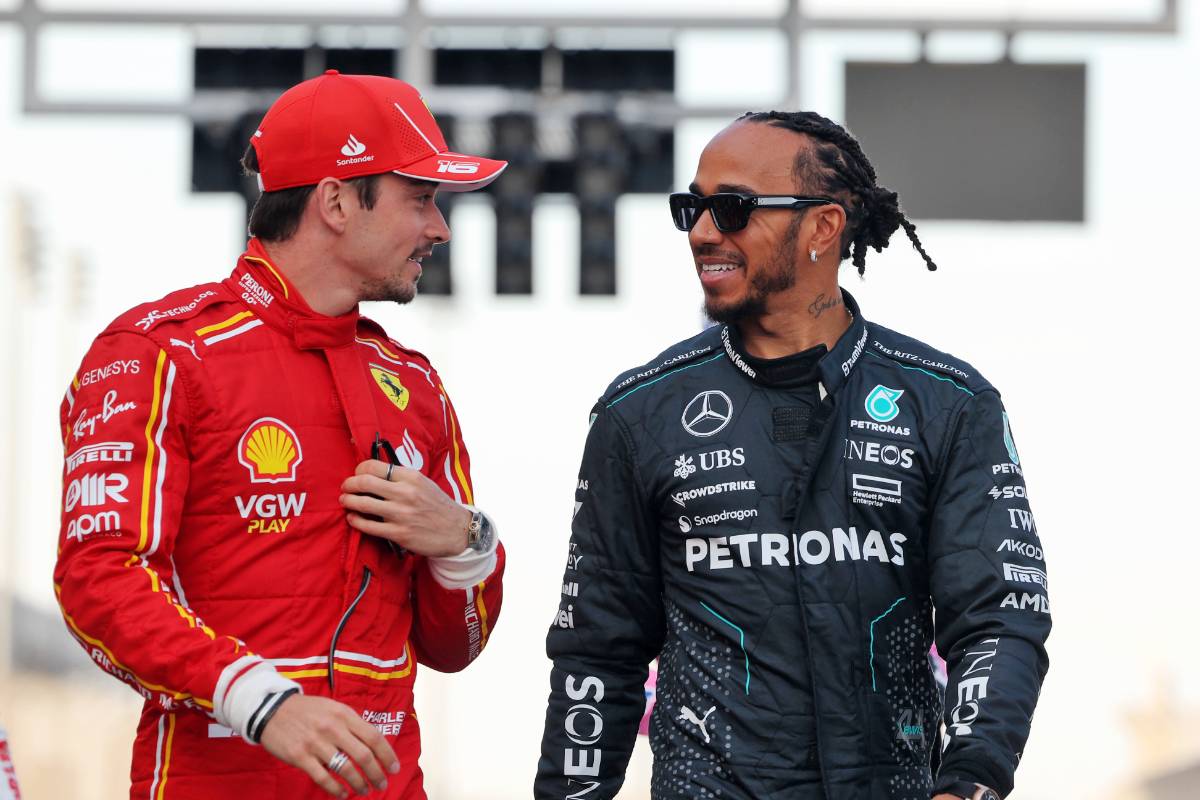 (L to R): Charles Leclerc (MON) Ferrari with Lewis Hamilton (GBR) Mercedes AMG F1. 02.03.2024. Formula 1 World Championship, Rd 1, Bahrain Grand Prix, Sakhir, Bahrain, Race Day. - www.xpbimages.com, EMail: requests@xpbimages.com © Copyright: Staley / XPB Images
