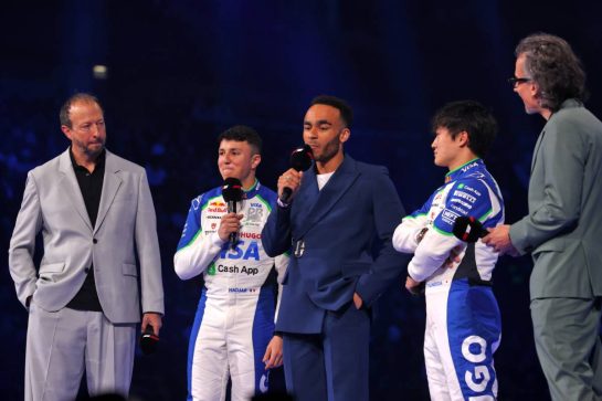 (L to R): Peter Bayer (AUT) Racing Bulls Chief Executive Officer; Isack Hadjar (FRA) Racing Bulls; Munya Chawawa (GBR) Actor; Yuki Tsunoda (JPN) Racing Bulls; Laurent Mekies (FRA) Racing Bulls Technical Director.
18.02.2025. Formula One World Championship, F1 75 Live. O2 Arena, London, England.
- www.xpbimages.com, EMail: requests@xpbimages.com &copy; Copyright: Batchelor / XPB Images