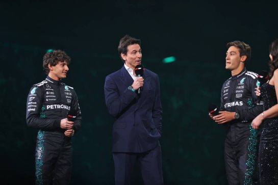 (L to R): Andrea Kimi Antonelli (ITA) Mercedes AMG F1 with Toto Wolff (GER) Mercedes AMG F1 Shareholder and Executive Director and George Russell (GBR) Mercedes AMG F1.
18.02.2025. Formula One World Championship, F1 75 Live. O2 Arena, London, England.
- www.xpbimages.com, EMail: requests@xpbimages.com &copy; Copyright: Batchelor / XPB Images