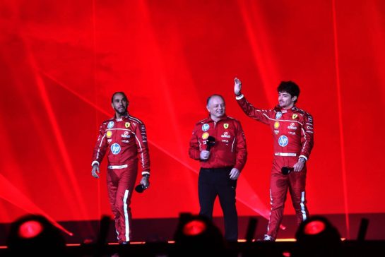 (L to R): Lewis Hamilton (GBR) Ferrari with Frederic Vasseur (FRA) Ferrari Team Principal and Charles Leclerc (MON) Ferrari.
18.02.2025. Formula One World Championship, F1 75 Live. O2 Arena, London, England.
- www.xpbimages.com, EMail: requests@xpbimages.com &copy; Copyright: Batchelor / XPB Images