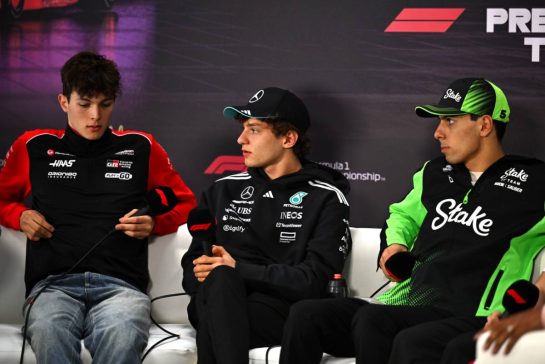 (L to R): Oliver Bearman (GBR) Haas F1 Team with Andrea Kimi Antonelli (ITA) Mercedes AMG F1 and Gabriel Bortoleto (BRA) Sauber in the FIA Press Conference.
28.02.2025. Formula 1 Testing, Sakhir, Bahrain, Day Three.
- www.xpbimages.com, EMail: requests@xpbimages.com &copy; Copyright: Price / XPB Images