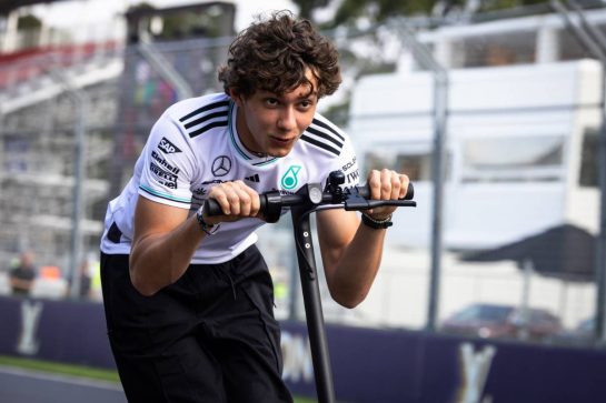 Andrea Kimi Antonelli (ITA) Mercedes AMG F1 rides the circuit on a scooter.
12.03.2025. Formula 1 World Championship, Rd 1, Australian Grand Prix, Albert Park, Melbourne, Australia, Preparation Day.
- www.xpbimages.com, EMail: requests@xpbimages.com &copy; Copyright: Bearne / XPB Images