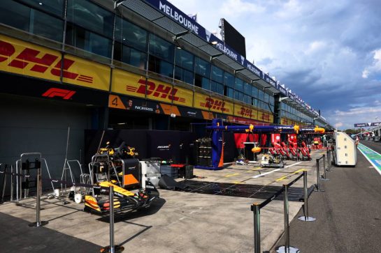 Circuit atmosphere - McLaren pit garages.
12.03.2025. Formula 1 World Championship, Rd 1, Australian Grand Prix, Albert Park, Melbourne, Australia, Preparation Day.
- www.xpbimages.com, EMail: requests@xpbimages.com &copy; Copyright: Batchelor / XPB Images
