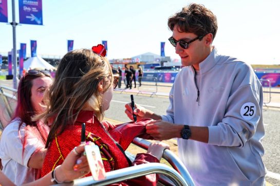 George Russell (GBR) Mercedes AMG F1 with fans.
03.07.2025. Formula 1 World Championship, Rd 12, British Grand Prix, Silverstone, England, Preparation Day.
- www.xpbimages.com, EMail: requests@xpbimages.com &copy; Copyright: Batchelor / XPB Images