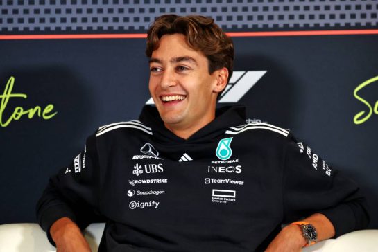George Russell (GBR) Mercedes AMG F1 in the FIA Press Conference.
03.07.2025. Formula 1 World Championship, Rd 12, British Grand Prix, Silverstone, England, Preparation Day.
- www.xpbimages.com, EMail: requests@xpbimages.com &copy; Copyright: Moy / XPB Images