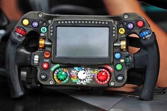 Mercedes AMG F1 W16 steering wheel.
03.07.2025. Formula 1 World Championship, Rd 12, British Grand Prix, Silverstone, England, Preparation Day.
 - www.xpbimages.com, EMail: requests@xpbimages.com &copy; Copyright: Rew / XPB Images