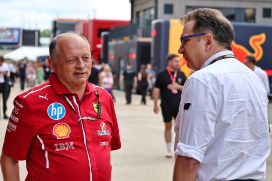 (L to R): Frederic Vasseur (FRA) Ferrari Team Principal with Nicholas Tombazis (GRE) FIA Single Seater Director.
03.07.2025. Formula 1 World Championship, Rd 12, British Grand Prix, Silverstone, England, Preparation Day.
- www.xpbimages.com, EMail: requests@xpbimages.com &copy; Copyright: Moy / XPB Images