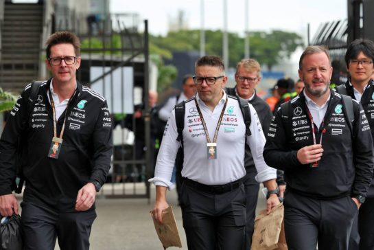 (L to R): Andrew Shovlin (GBR) Mercedes AMG F1 Trackside Engineering Director; Peter Bonnington (GBR) Mercedes AMG F1 Race Engineer; and Bradley Lord (GBR) Mercedes AMG F1 Communications Manager.
06.11.2025. Formula 1 World Championship, Rd 21, Brazilian Grand Prix, Sao Paulo, Brazil, Preparation Day.
 - www.xpbimages.com, EMail: requests@xpbimages.com &copy; Copyright: Rew / XPB Images
