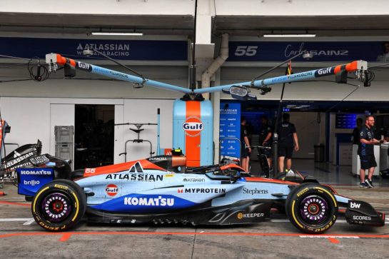Atlassian Williams Racing FW47 - Gulf  'Driven by Words' livery.
06.11.2025. Formula 1 World Championship, Rd 21, Brazilian Grand Prix, Sao Paulo, Brazil, Preparation Day.
- www.xpbimages.com, EMail: requests@xpbimages.com &copy; Copyright: Batchelor / XPB Images