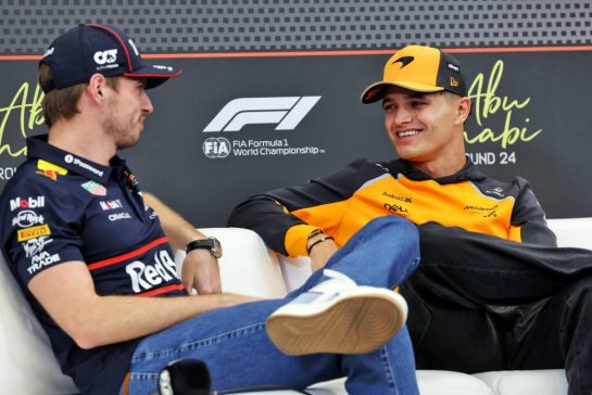 (L to R): Max Verstappen (NLD) Red Bull Racing and Lando Norris (GBR) McLaren in the FIA Press Conference.
04.12.2025. Formula 1 World Championship, Rd 24, Abu Dhabi Grand Prix, Yas Marina Circuit, Abu Dhabi, Preparation Day.
- www.xpbimages.com, EMail: requests@xpbimages.com &copy; Copyright: Bearne / XPB Images