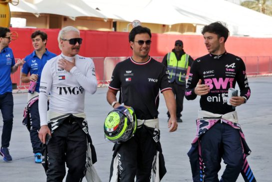 (L to R): Valtteri Bottas (FIN) Cadillac Formula 1 Team with Sergio Perez (MEX) Cadillac Formula 1 Team and Pierre Gasly (FRA) Alpine F1 Team.
11.02.2026. Formula 1 Testing, Bahrain Test One, Sakhir, Bahrain, Day One.
- www.xpbimages.com, EMail: requests@xpbimages.com © Copyright: Moy / XPB Images
