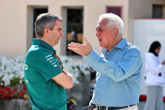 (L to R): Chris Cronin (GBR) Aston Martin F1 Team Chief Engineer Trackside / Senior Race Engineer with Lawrence Stroll (CDN) Aston Martin F1 Team Investor.
18.02.2026. Formula 1 Testing, Bahrain Test Two, Sakhir, Bahrain, Day One.
- www.xpbimages.com, EMail: requests@xpbimages.com &copy; Copyright: Moy / XPB Images