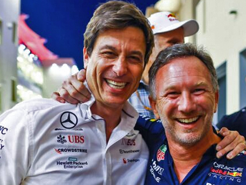 Mercedes boss Toto Wolff and Red Bull principal Christian Horner after the 2023 season finale in Abu Dhabi.