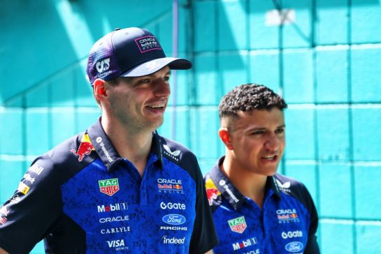 (L to R): Max Verstappen (NLD) Red Bull Racing with team mate Isack Hadjar (FRA) Red Bull Racing.
30.04.2026. Formula 1 World Championship, Rd 4, Miami Grand Prix, Miami, Florida, USA, Preparation Day.
- www.xpbimages.com, EMail: requests@xpbimages.com © Copyright: Bearne / XPB Images