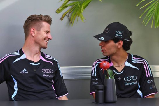 (L to R): Nico Hulkenberg (GER) Audi F1 Team with Gabriel Bortoleto (BRA) Audi F1 Team.
30.04.2026. Formula 1 World Championship, Rd 4, Miami Grand Prix, Miami, Florida, USA, Preparation Day.
- www.xpbimages.com, EMail: requests@xpbimages.com © Copyright: Patching / XPB Images