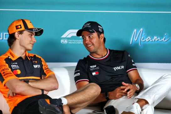(L to R): Oscar Piastri (AUS) McLaren F1 Team; and Sergio Perez (MEX) Cadillac Formula 1 Team, in the FIA Press Conference.
30.04.2026. Formula 1 World Championship, Rd 4, Miami Grand Prix, Miami, Florida, USA, Preparation Day.
- www.xpbimages.com, EMail: requests@xpbimages.com © Copyright: Bearne / XPB Images