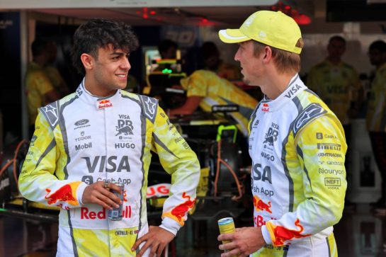 (L to R): Arvid Lindblad (GBR) Racing Bulls Formula One Team with team mate Liam Lawson (NZL) Racing Bulls Formula One Team.
30.04.2026. Formula 1 World Championship, Rd 4, Miami Grand Prix, Miami, Florida, USA, Preparation Day.
- www.xpbimages.com, EMail: requests@xpbimages.com © Copyright: Batchelor / XPB Images