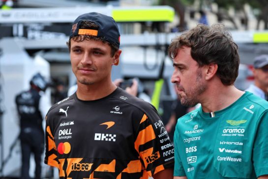 (L to R): Lando Norris (GBR) McLaren F1 Team with Fernando Alonso (ESP) Aston Martin F1 Team.
04.06.2026. Formula 1 World Championship, Rd 6, Monaco Grand Prix, Monte Carlo, Monaco, Preparation Day.
- www.xpbimages.com, EMail: requests@xpbimages.com © Copyright: Rew / XPB Images