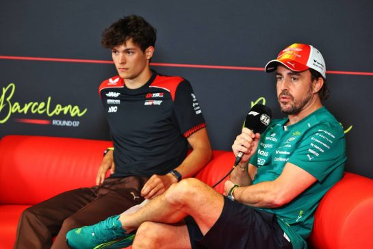 Fernando Alonso (ESP) Aston Martin F1 Team and Oliver Bearman (GBR) Haas F1 Team in the FIA Press Conference.
11.06.2026. Formula 1 World Championship, Rd 7, Barcelona-Catalunya Grand Prix, Barcelona, Spain, Preparation Day.
- www.xpbimages.com, EMail: requests@xpbimages.com © Copyright: Bearne / XPB Images