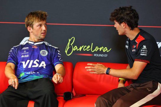 (L to R): Liam Lawson (NZL) Racing Bulls Formula One Team and Oliver Bearman (GBR) Haas F1 Team in the FIA Press Conference.
11.06.2026. Formula 1 World Championship, Rd 7, Barcelona-Catalunya Grand Prix, Barcelona, Spain, Preparation Day.
- www.xpbimages.com, EMail: requests@xpbimages.com © Copyright: Bearne / XPB Images