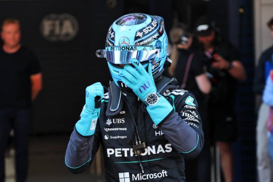 George Russell (GBR) Mercedes AMG Formula One Team celebrates his pole position in qualifying parc ferme.
13.06.2026. Formula 1 World Championship, Rd 7, Barcelona-Catalunya Grand Prix, Barcelona, Spain, Qualifying Day.
- www.xpbimages.com, EMail: requests@xpbimages.com © Copyright: Batchelor / XPB Images
