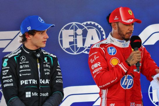 (L to R): Andrea Kimi Antonelli (ITA) Mercedes AMG Formula One Team in qualifying parc ferme with Lewis Hamilton (GBR) Scuderia Ferrari.
13.06.2026. Formula 1 World Championship, Rd 7, Barcelona-Catalunya Grand Prix, Barcelona, Spain, Qualifying Day.
- www.xpbimages.com, EMail: requests@xpbimages.com © Copyright: Batchelor / XPB Images