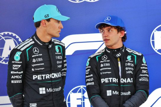(L to R): Pole sitter George Russell (GBR) Mercedes AMG Formula One Team in qualifying parc ferme with third placed team mate Andrea Kimi Antonelli (ITA) Mercedes AMG Formula One Team.
13.06.2026. Formula 1 World Championship, Rd 7, Barcelona-Catalunya Grand Prix, Barcelona, Spain, Qualifying Day.
- www.xpbimages.com, EMail: requests@xpbimages.com © Copyright: Batchelor / XPB Images