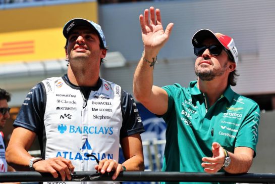 (L to R): Carlos Sainz (ESP) Williams F1 Team with Fernando Alonso (ESP) Aston Martin F1 Team on the drivers' parade.
14.06.2026. Formula 1 World Championship, Rd 7, Barcelona-Catalunya Grand Prix, Barcelona, Spain, Race Day.
- www.xpbimages.com, EMail: requests@xpbimages.com &copy; Copyright: Batchelor / XPB Images
