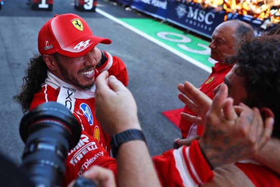 Race winner Lewis Hamilton (GBR) Scuderia Ferrari celebrates in parc ferme with the team.
14.06.2026. Formula 1 World Championship, Rd 7, Barcelona-Catalunya Grand Prix, Barcelona, Spain, Race Day.
 - www.xpbimages.com, EMail: requests@xpbimages.com &copy; Copyright: Patching / XPB Images