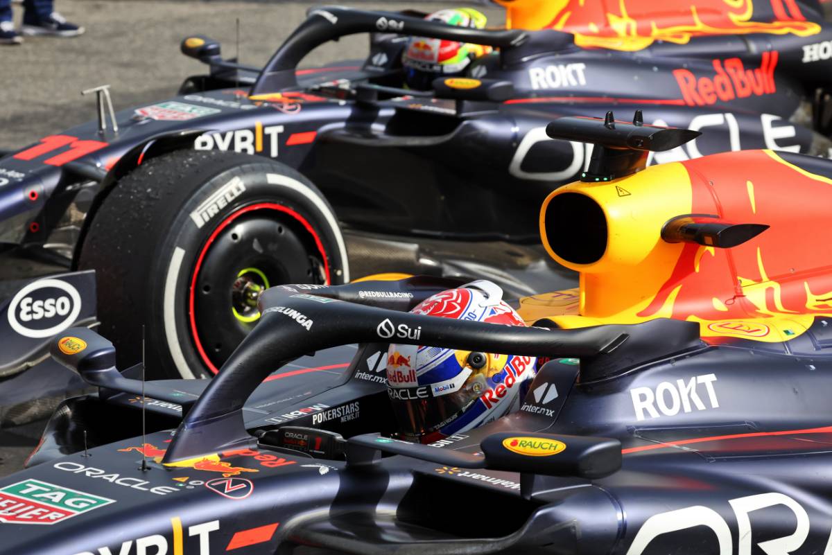 Race winner Max Verstappen (NLD) Red Bull Racing RB19 and Sergio Perez (MEX) Red Bull Racing RB19 in parc ferme. 03.09.2023. Formula 1 World Championship, Rd 15, Italian Grand Prix, Monza, Italy, Race Day. - www.xpbimages.com, EMail: requests@xpbimages.com &copy; Copyright: Bearne / XPB Images