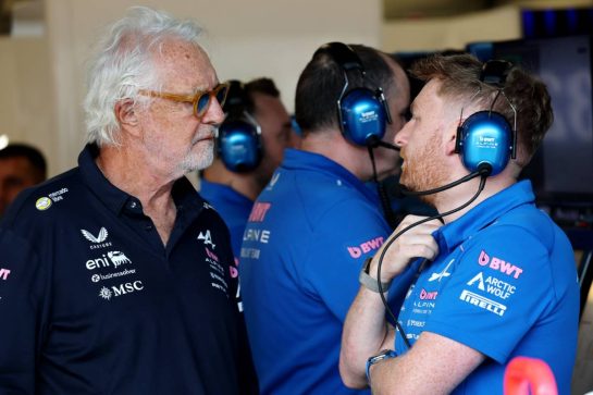 (L to R): Flavio Briatore (ITA) Alpine F1 Team Executive Advisor with Josh Peckett (GBR) Alpine F1 Team Race Engineer.
24.09.2026. Formula One World Championship, Rd 15, Azerbaijan Grand Prix, Baku, Azerbaijan, Practice Day.
- www.xpbimages.com, EMail: requests@xpbimages.com &copy; Copyright: Batchelor / XPB Images