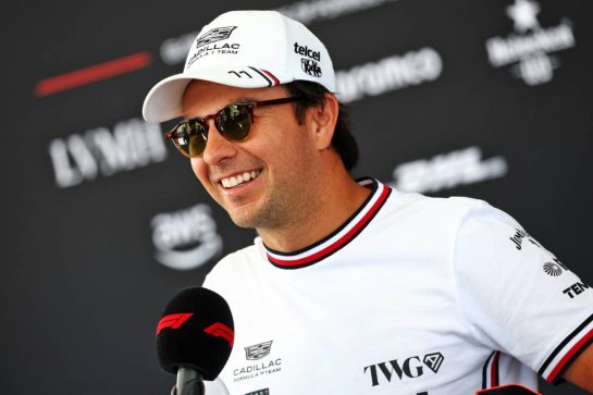 Sergio Perez (MEX) Cadillac Formula 1 Team with the media.
01.10.2026. Formula 1 World Championship, Rd 16, Bahrain Grand Prix, Sepang, Malaysia, Preparations Day.
- www.xpbimages.com, EMail: requests@xpbimages.com &copy; Copyright: Bearne / XPB Images